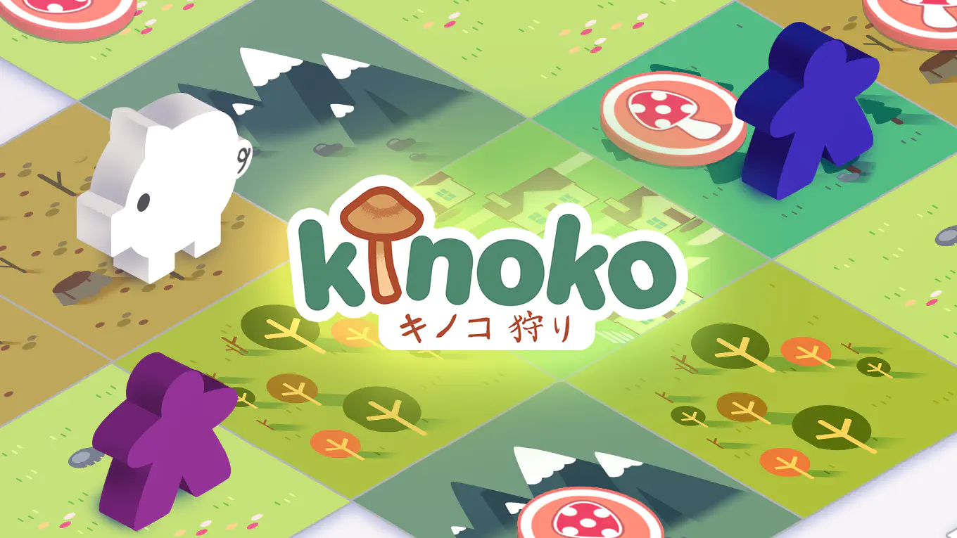 illustration of board game visible behind "kinoko" title